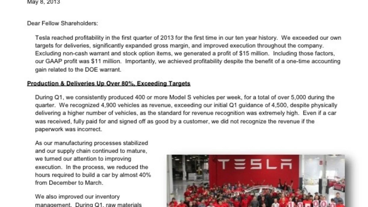 Tesla Motors, Inc. � First Quarter 2013 Shareholder Letter