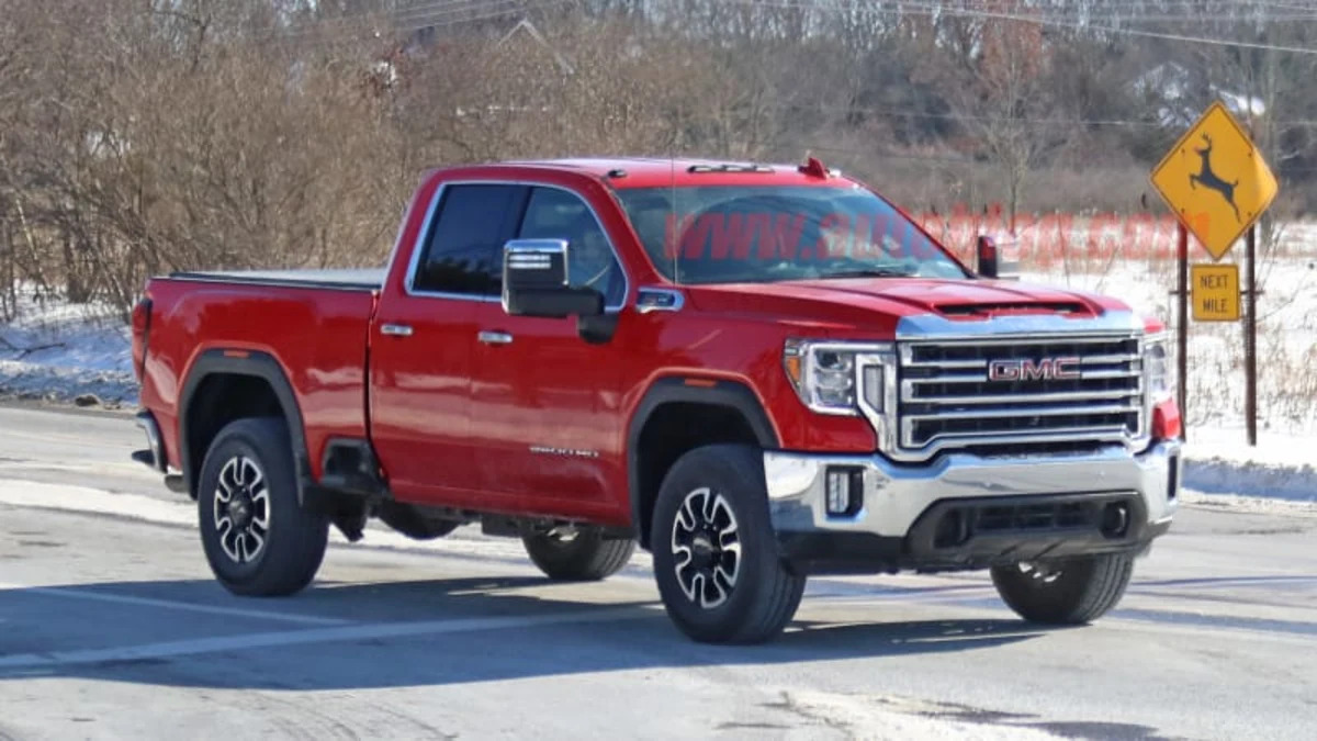2020 GMC Sierra HD caught in double-cab, low-trim gas-engine guise