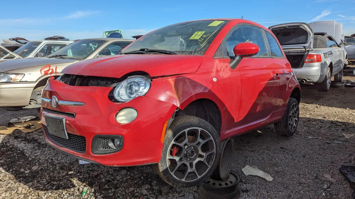 99 - 2012 Fiat 500 in Colorado wrecking yard - photo by Murilee Martin