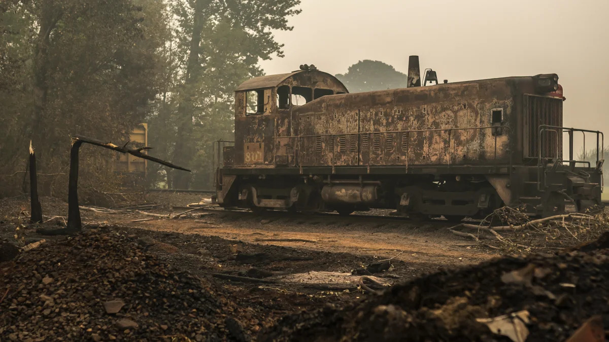 MOLALLA, OR - SEPTEMBER 10:  A burned railcar sits abandoned in a lumber yard on September 10, 2020 in Sandy, Oregon. Multiple wildfires grew by hundreds of thousands of acres Thursday, prompting large-scale evacuations throughout the state.  (Photo by Nathan Howard/Getty Images)