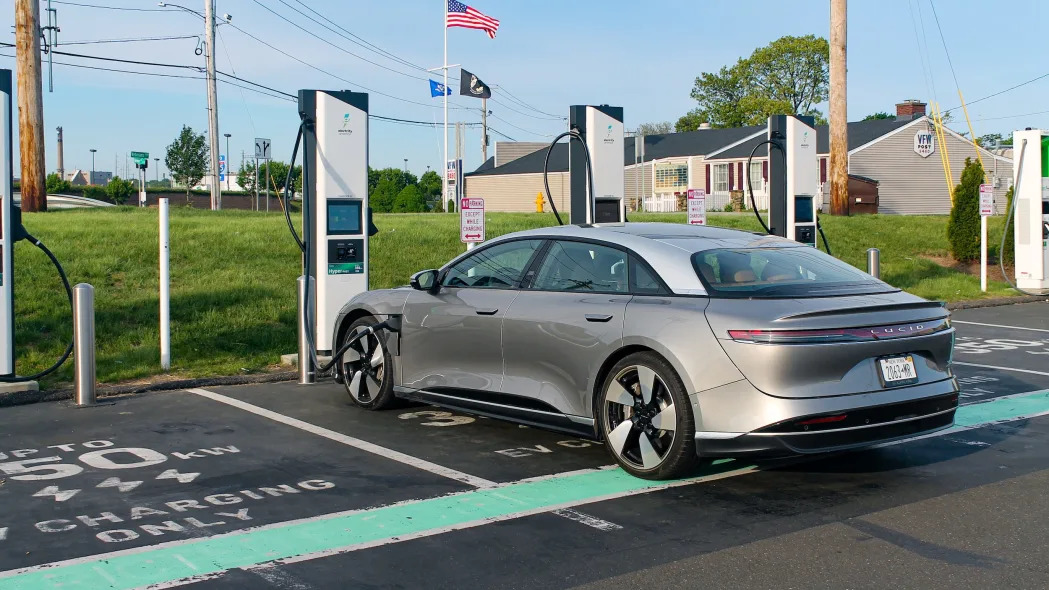 The Lucid Air Grand Touring Performance at an Electrify America fast charger.