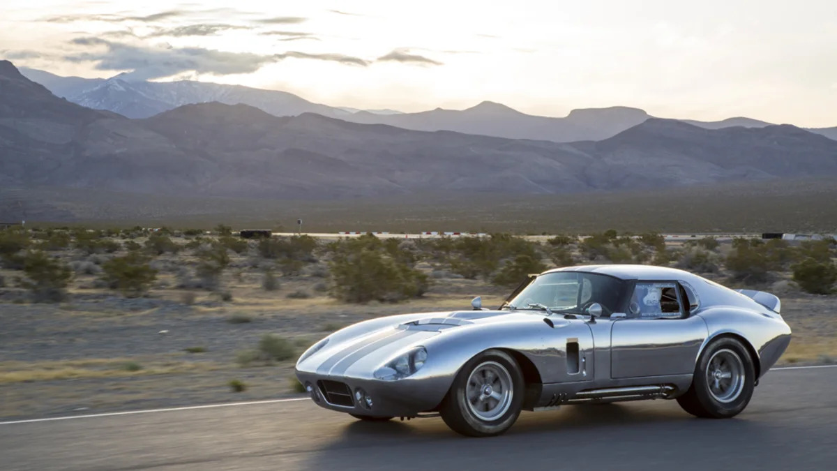 The aluminum Shelby American Continuation Daytona Coupe, three-quarter view.