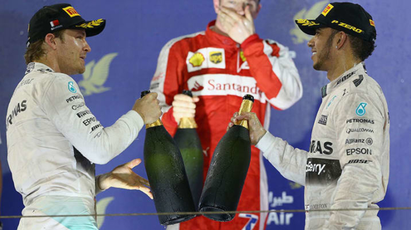 The podium celebrations at the 2015 Bahrain F1 Grand Prix.