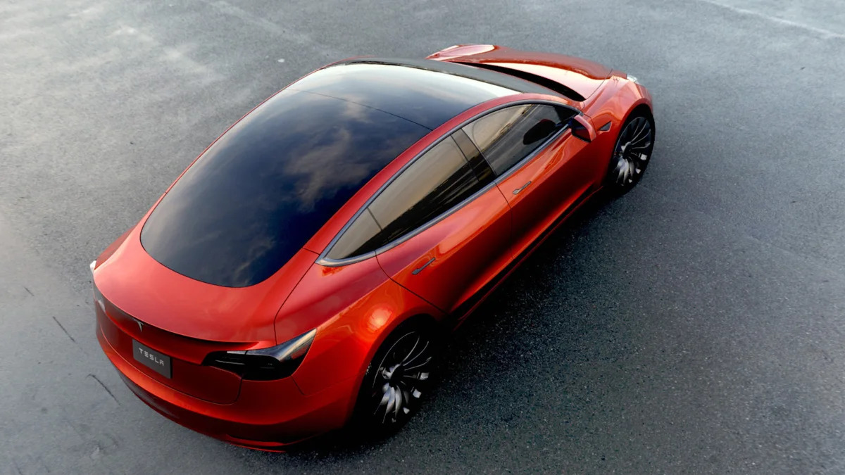 Tesla Model 3 red above