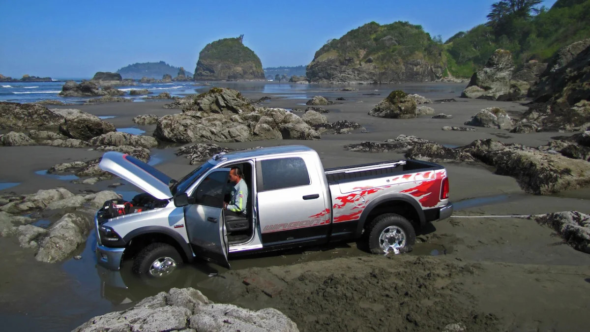 Dodge truck gets stuck in ocean during commercial shoot