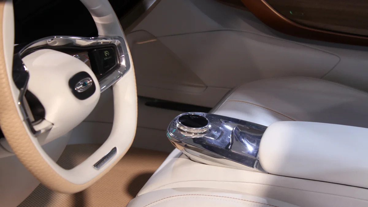 The Thunder Power electric sedan showed off for the first time at the 2015 Frankfurt Motor Show, detail of center armrest controls.