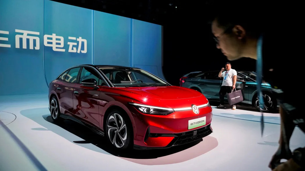 The red Volkswagen ID.7 electric car at the Shanghai auto show.