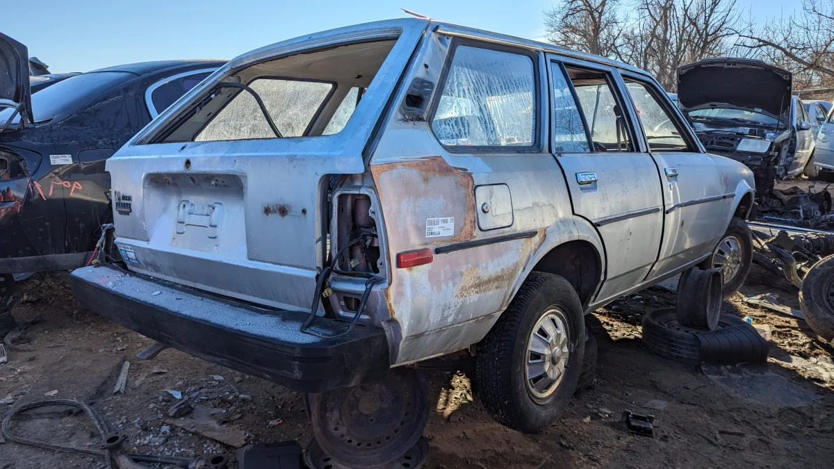 99 - 1980 Toyota Corolla station wagon in Colorado wrecking yard - photo by Murilee Martin